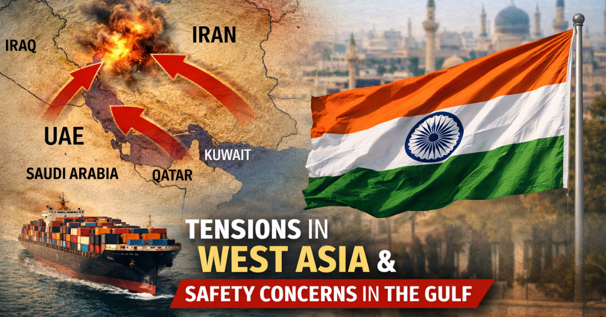 Map of Iran and Gulf region with Indian flag and cargo ship illustrating West Asia tensions.