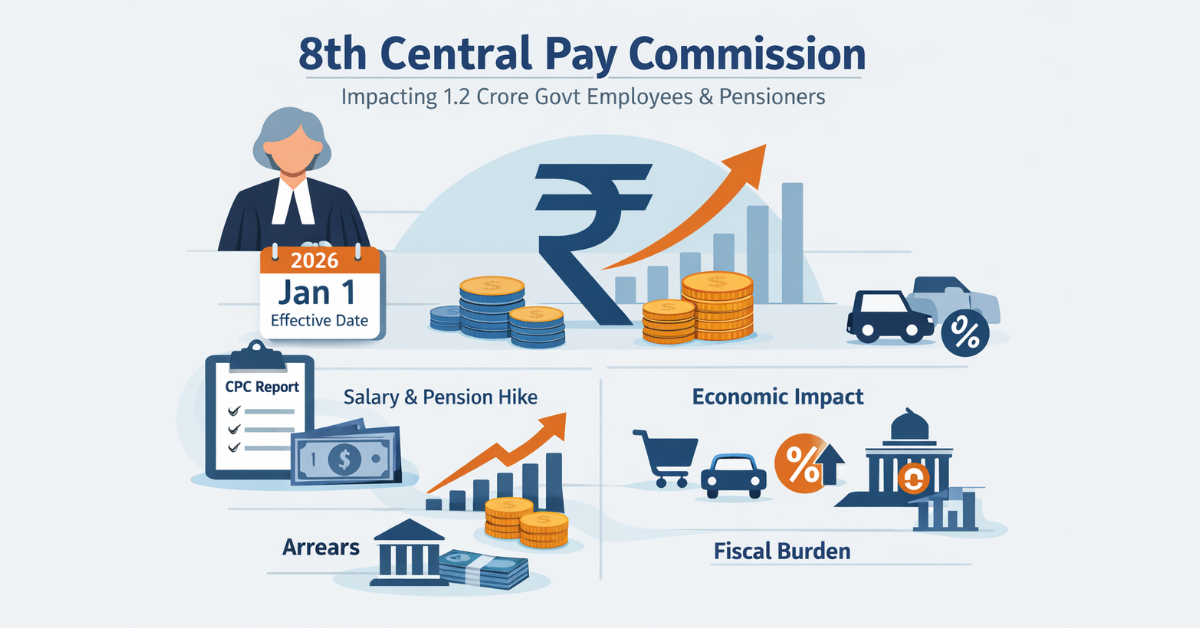 Minimalist infographic on 8th Central Pay Commission showing salary hikes, pensions, arrears, economic impact, fiscal burden, rupee symbol, growth charts, and January 2026 effective date India