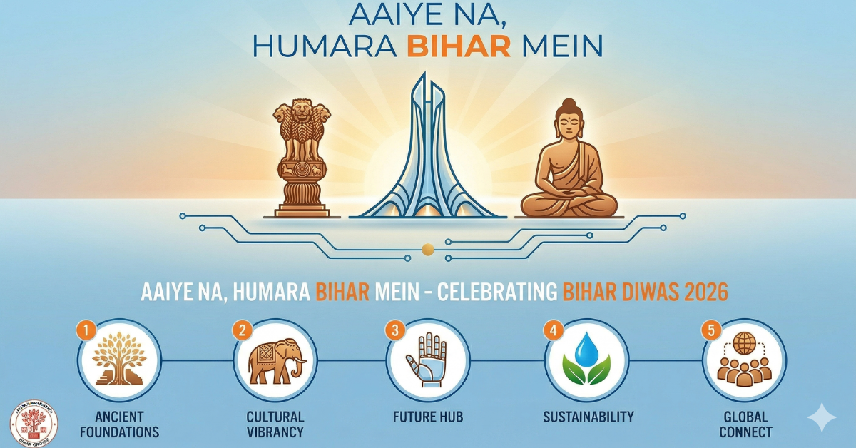 Minimalist graphic for Bihar Diwas 2026, with key icons.