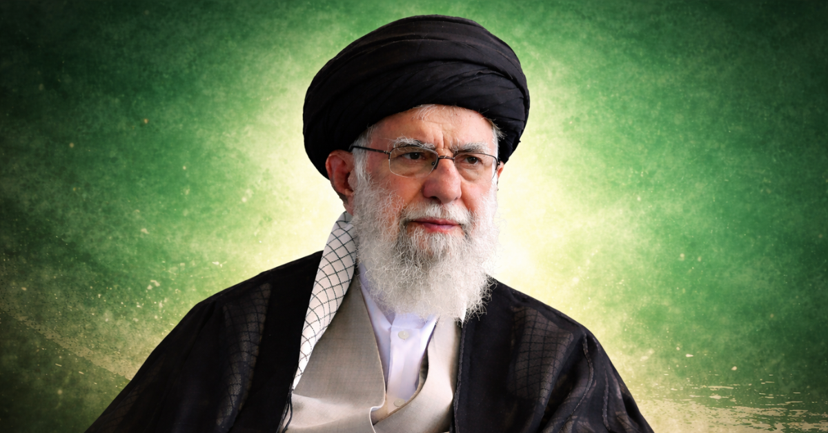Ali Khamenei seated in traditional black turban and robe against a textured green background, shown in a landscape editorial portrait without text.