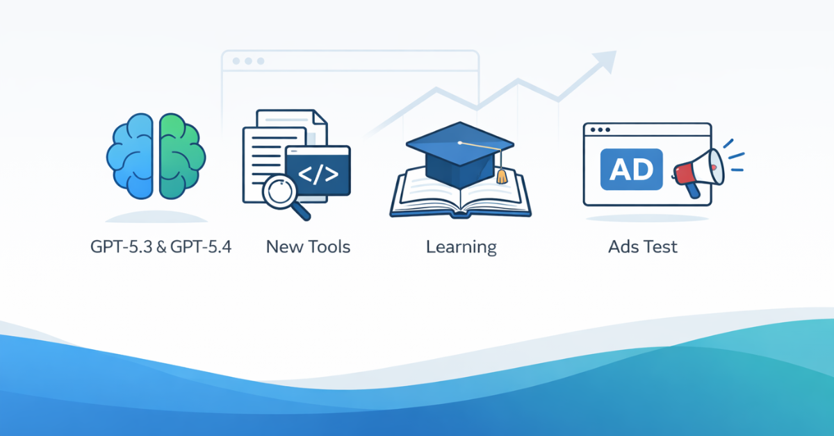Minimalist feature graphic titled “ChatGPT Updates 2026” showing icons representing GPT-5.3 and GPT-5.4 models, new tools, learning modules, and advertising tests on the platform.