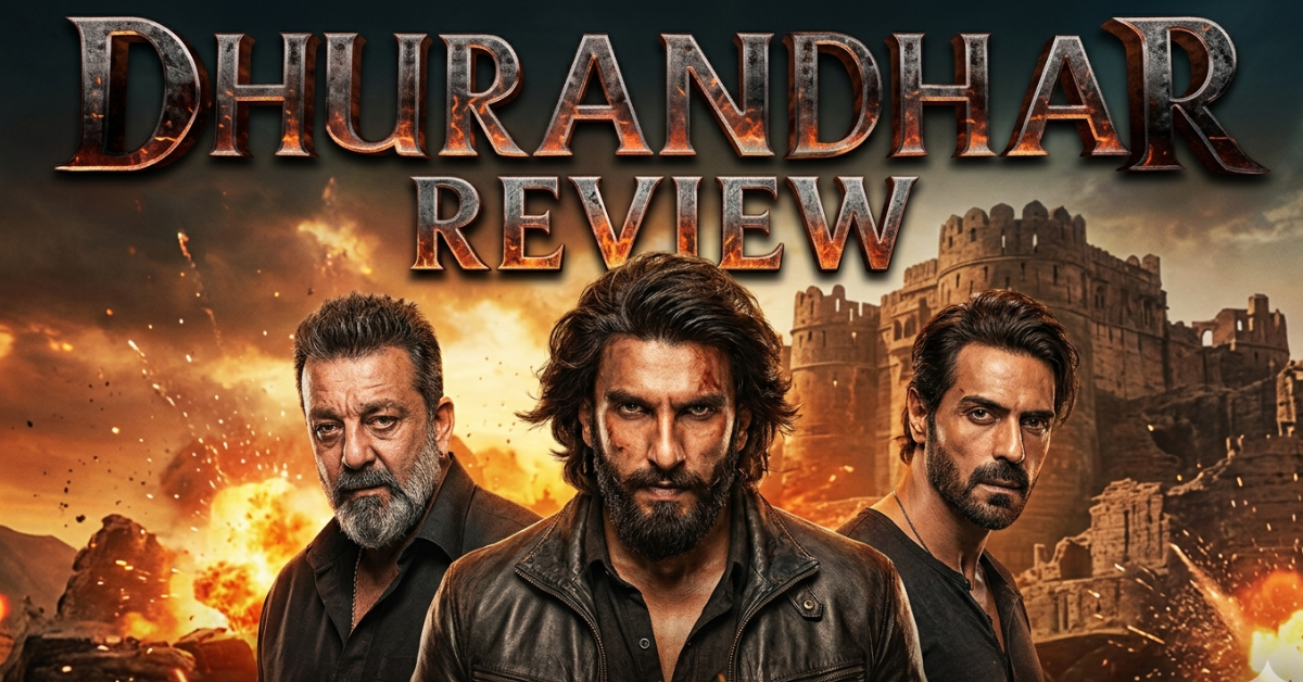 Cinematic feature graphic for 'Dhurandhar 2 Review,' showcasing Ranveer Singh, Sanjay Dutt, and Arjun Rampal in character against a fiery, war-torn backdrop, with a bold metallic title 'DHURANDHAR 2 REVIEW' at the top.