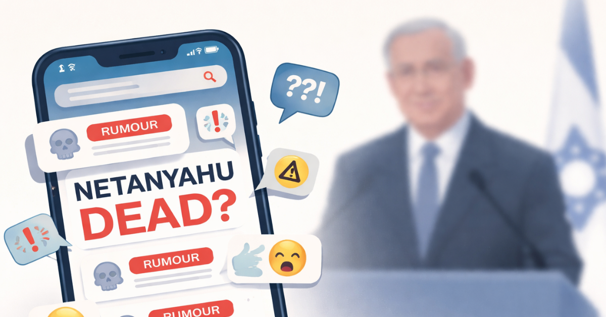 Minimalist graphic of a smartphone spreading viral rumours with a blurred Israeli prime minister silhouette, symbolizing misinformation about Netanyahu’s death.