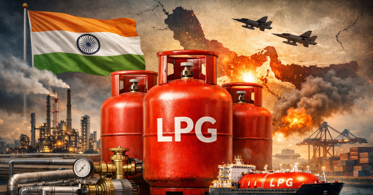 India LPG supply illustration showing red LPG cylinders, refinery infrastructure, LPG tanker ship, and India flag representing energy supply concerns amid West Asia tensions.