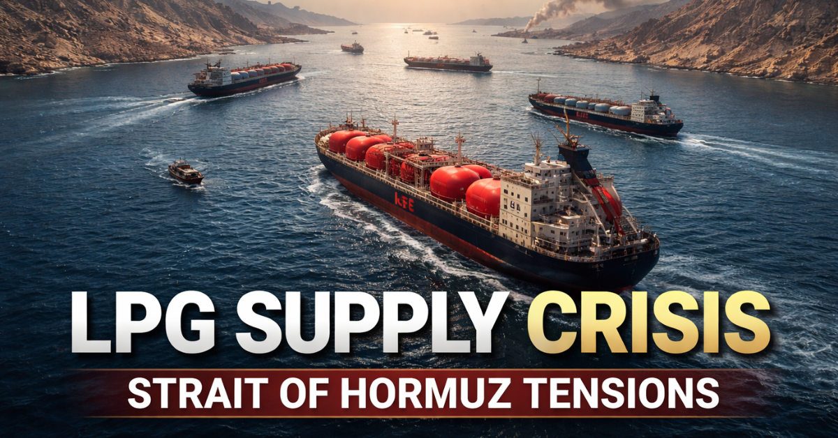Cargo ships navigating the Strait of Hormuz highlighting its importance for global LPG and energy shipments to India.