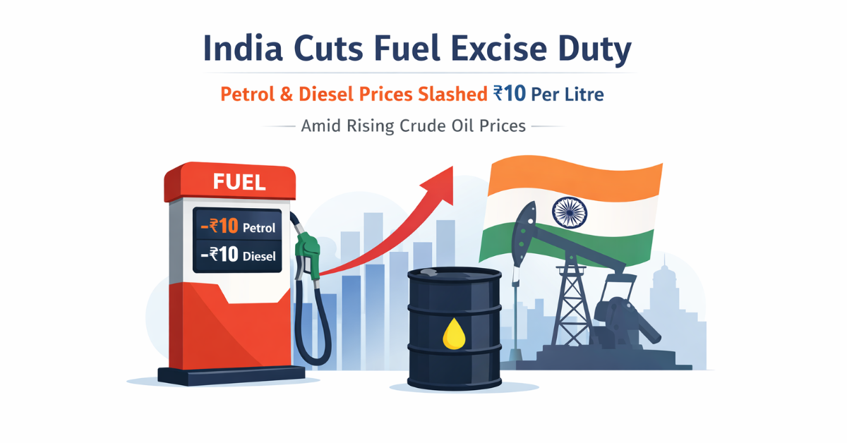Minimalist illustration of fuel excise duty cut in India showing petrol pump with ₹10 reduction, oil barrel, drilling rig, and Indian flag against rising crude backdrop