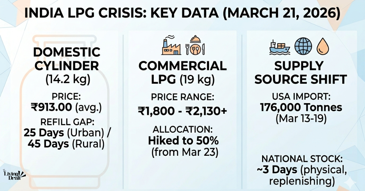 Minimalist infographic detailing the India LPG Crisis as of March 21, 2026, showing key stats for domestic and commercial pricing, refill rules, and current supply shifts
