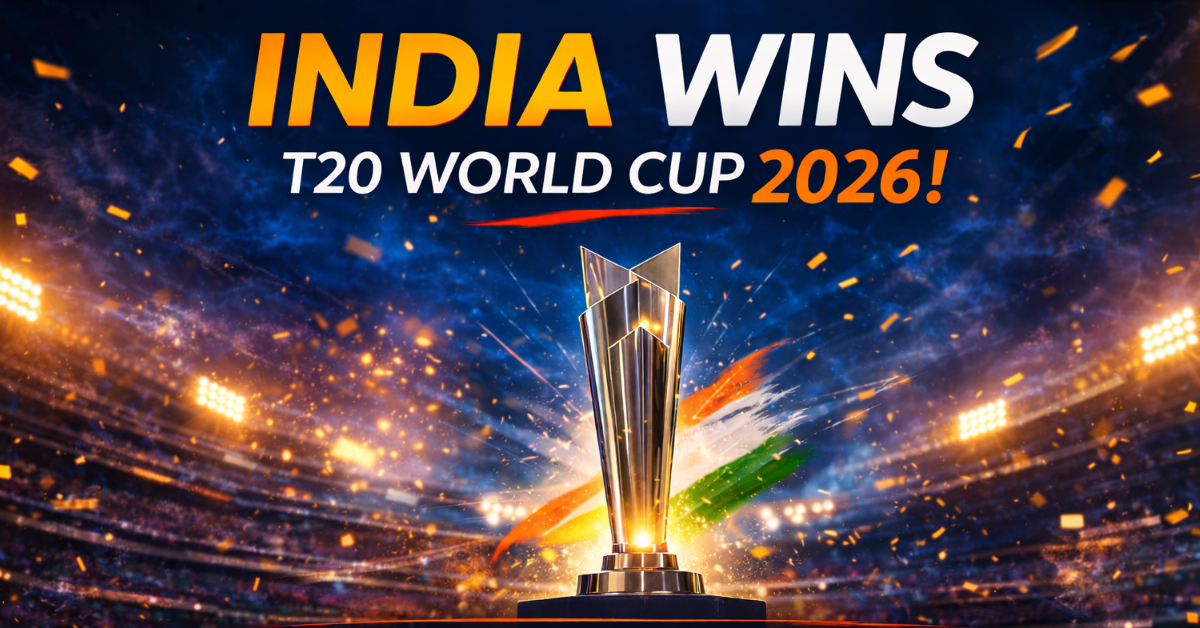 India wins ICC Men’s T20 World Cup 2026 graphic with tournament trophy in a stadium setting and headline announcing India’s victory over New Zealand.