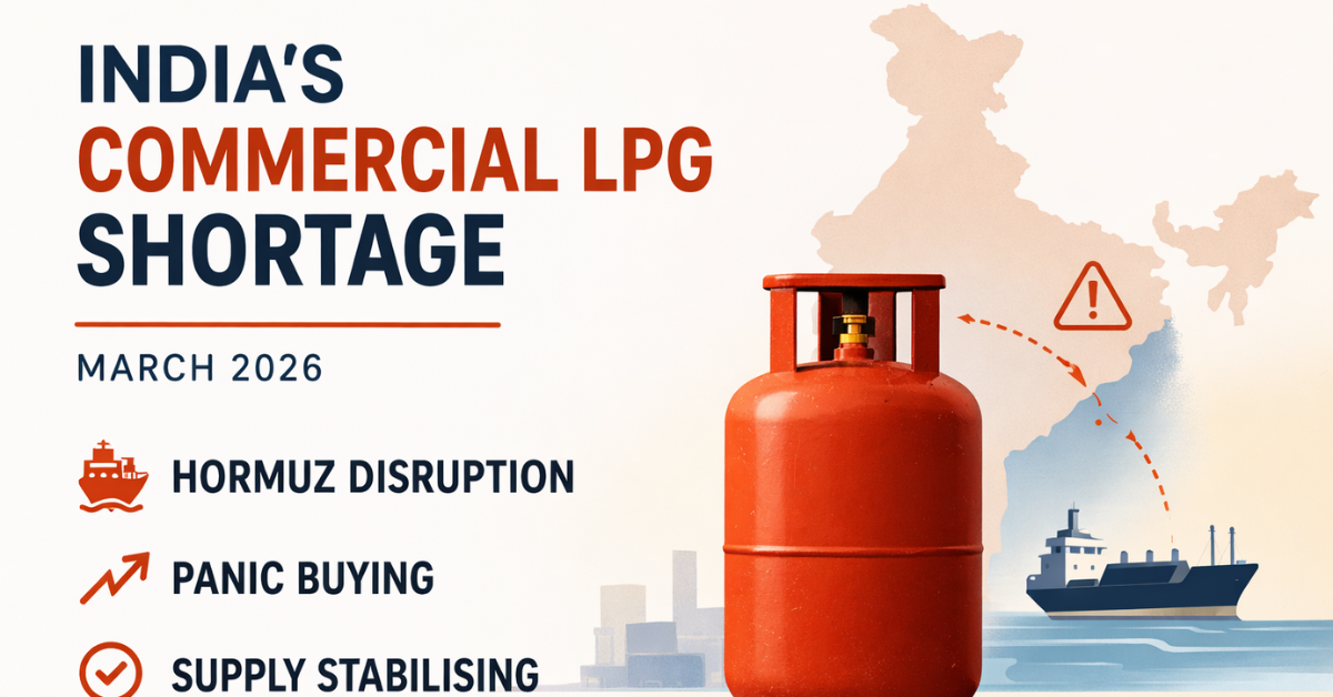 Minimalist graphic showing LPG cylinder, India map, and cargo ship highlighting India’s commercial LPG shortage during the March 2026 Hormuz disruption.