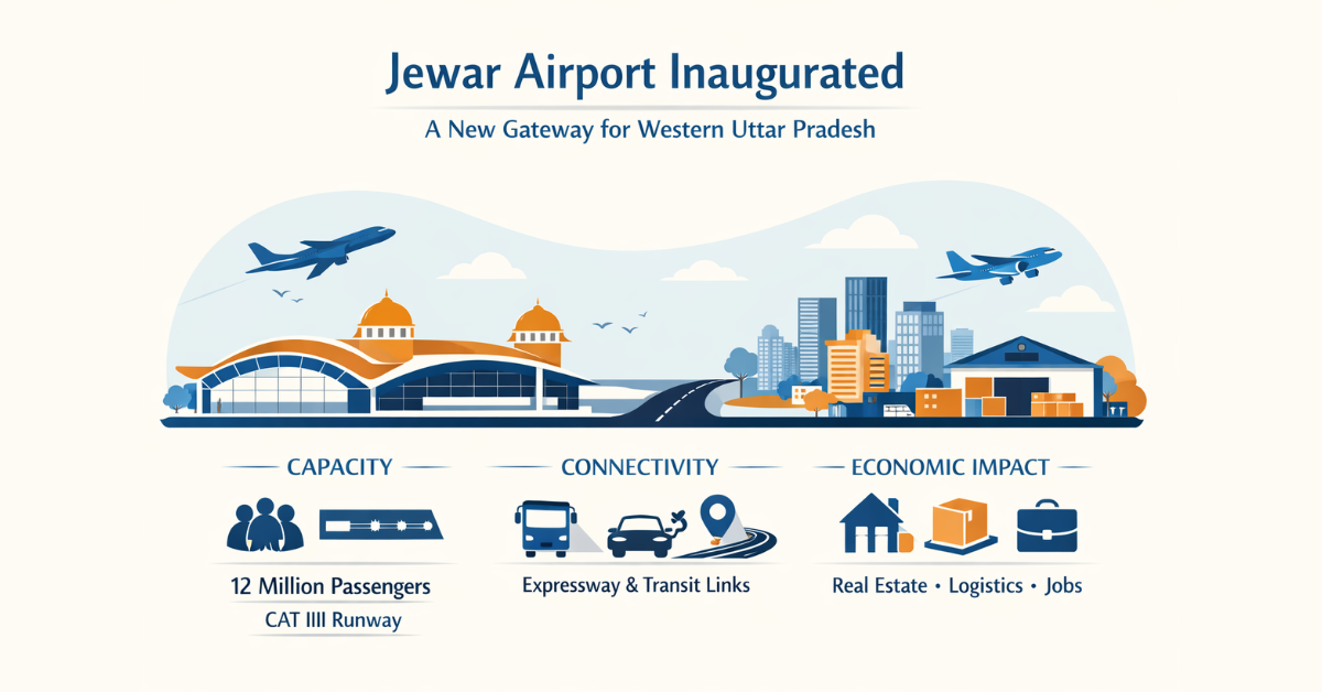 Minimalist illustration of Jewar Airport inauguration showing terminal, airplanes, connectivity routes, and economic icons representing growth, logistics, and passenger capacity
