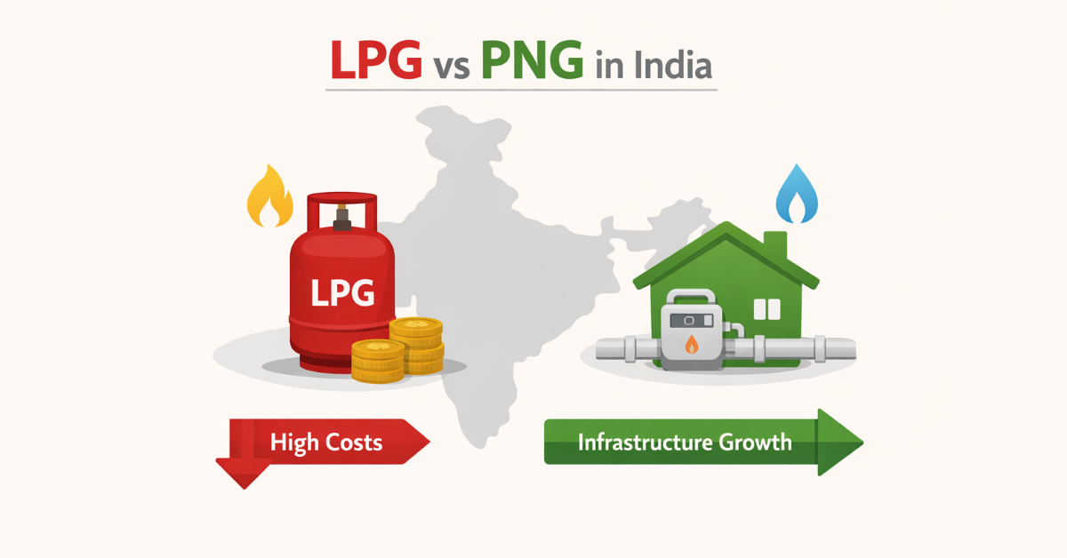 Minimal infographic comparing LPG cylinder and PNG pipeline usage, costs, and infrastructure growth in India