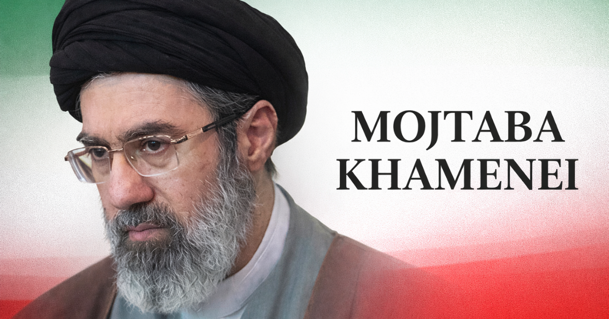 Portrait of Mojtaba Khamenei with background inspired by Iran's national flag colors