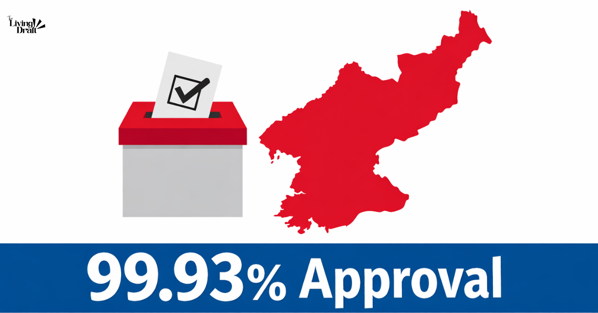 Minimalist graphic showing North Korea election with near total approval rate