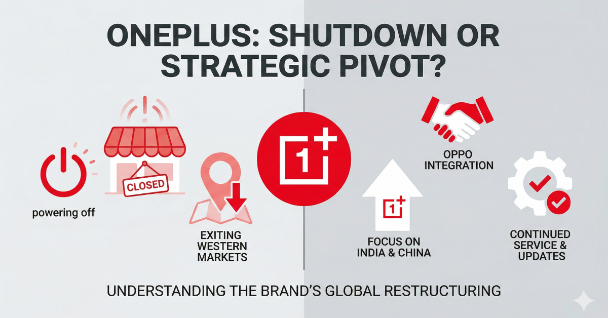 Gemini said Minimalist graphic contrasting OnePlus shutdown rumors (powering off, exiting Western markets) with strategic shifts like Oppo integration and focus on Asia.