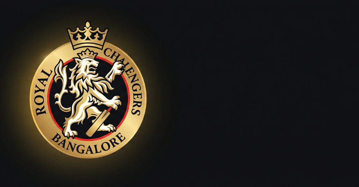 Gold Royal Challengers Bangalore logo featuring a rampant lion holding a cricket bat on dark background.