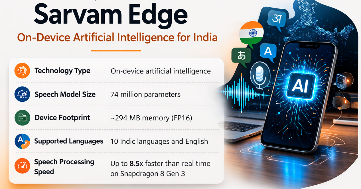 Sarvam Edge on-device AI feature graphic showing model size, device footprint, language support, and speech processing speed.