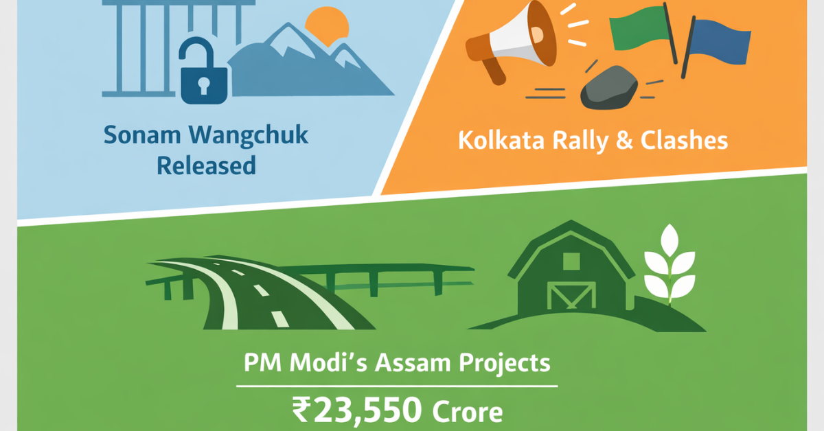 Minimalist graphic divided into three sections showing Sonam Wangchuk’s release, Kolkata rally clashes, and ₹23,550 crore Assam infrastructure projects with icons of prison bars, protest symbols, and highways.