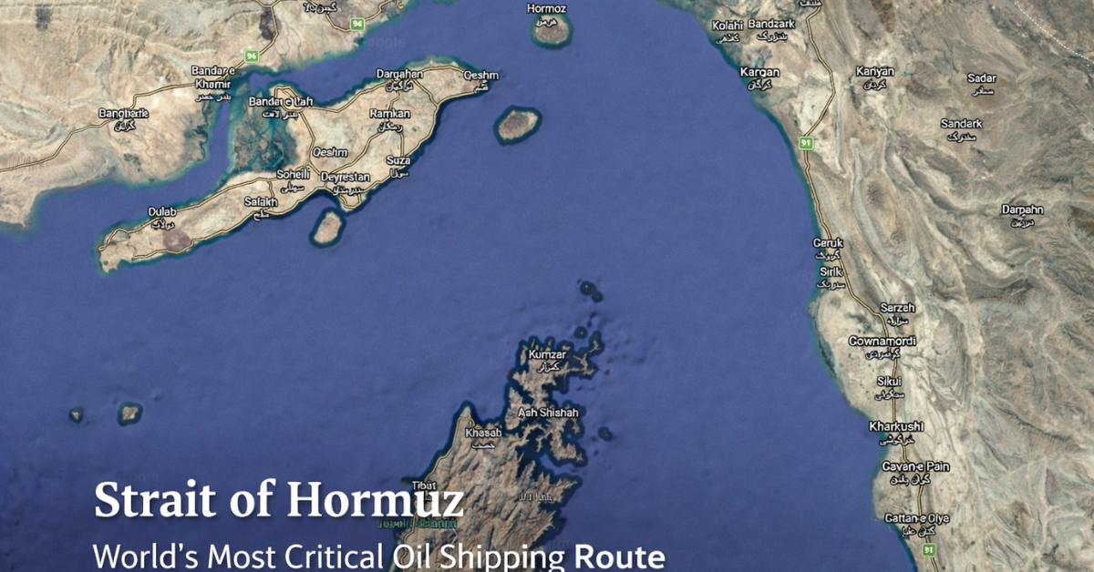 Satellite map of the Strait of Hormuz between Iran and Oman showing the narrow maritime passage connecting the Persian Gulf to the Gulf of Oman.