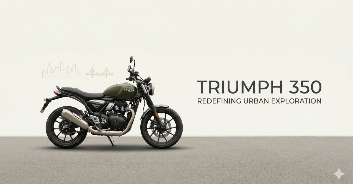 Minimalist feature image of an olive green Triumph 350 against a clean off-white background, featuring modern "Triumph 350" typography and a subtle city skyline sketch.