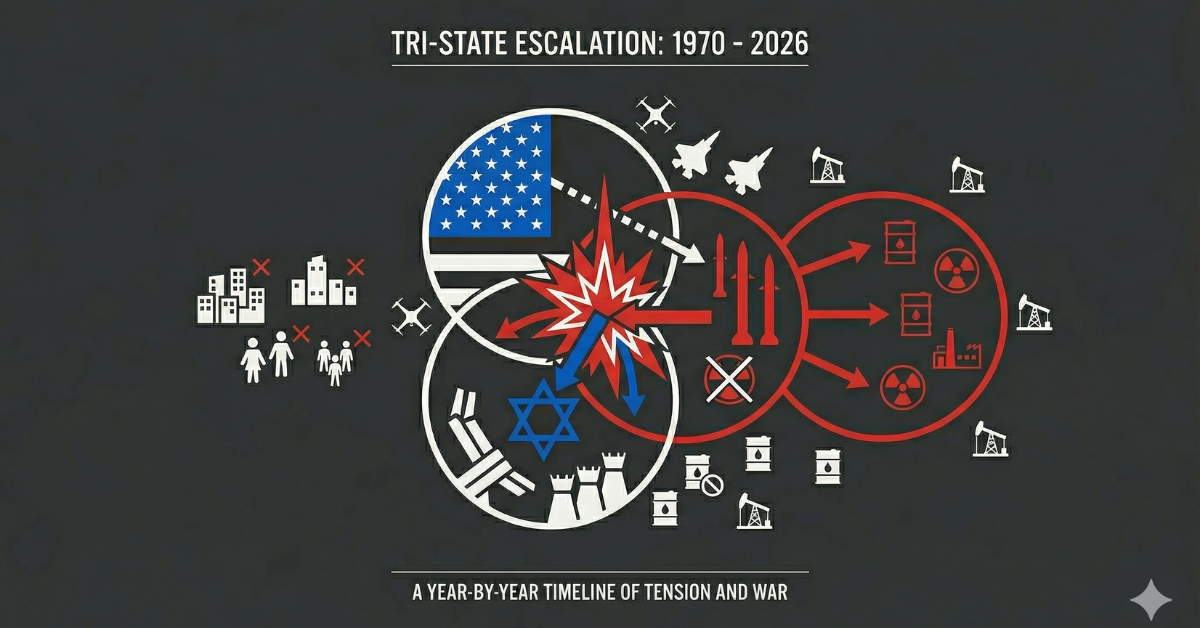 A minimalist timeline graphic detailing tri-state escalation from 1970–2026, featuring three interlocking rings representing the US, Israel, and Iran. Symbols include flags, defenses, oil targets, and a central explosion.