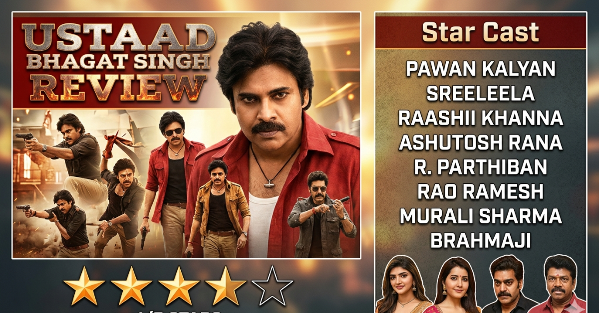 Official 'Ustaad Bhagat Singh' movie review graphic showing Pawan Kalyan as the lead, with a star rating and cast list displayed against a fiery cinematic background