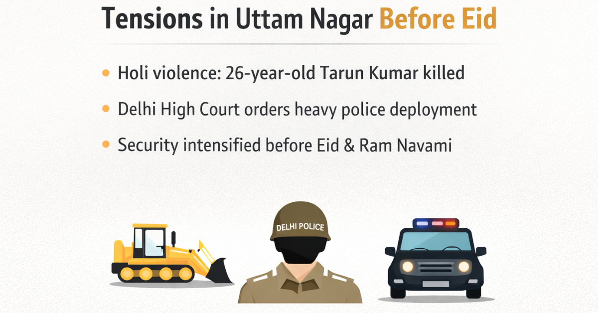 Minimalist graphic on Uttam Nagar tensions before Eid with key security updates and icons.