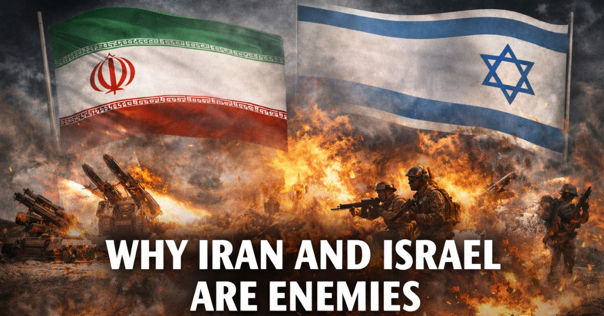 Illustration showing the flags of Iran and Israel above a battlefield scene with missiles and soldiers, representing the long-running rivalry and conflict between the two countries since the 1979 Iranian Revolution.