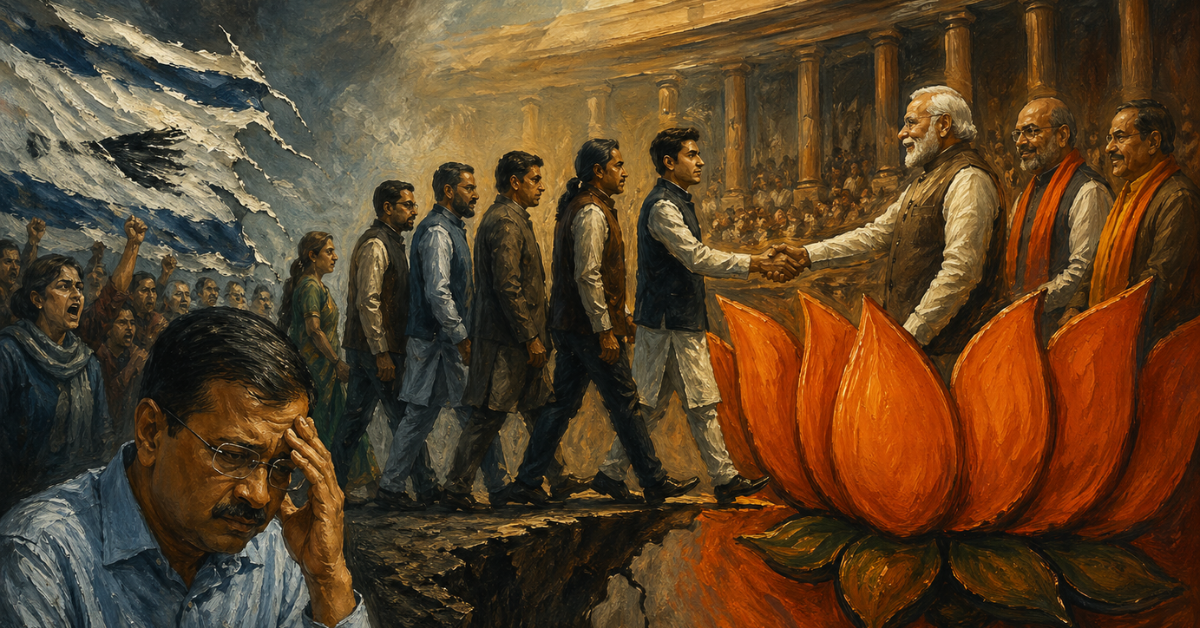 An oil painting depicts a tense political shift, with a group of leaders crossing from unrest toward a dominant power symbolized by a large lotus inside a parliamentary setting.