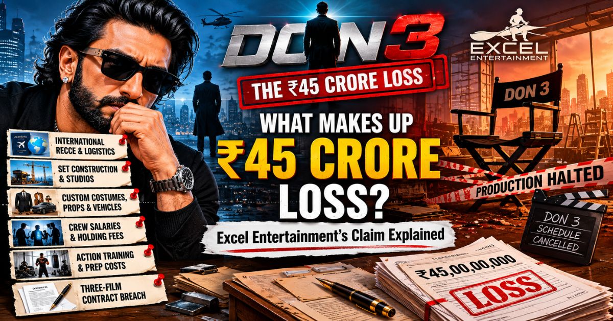 Infographic about Don 3’s claimed ₹45 crore loss, with listed cost factors and production halted